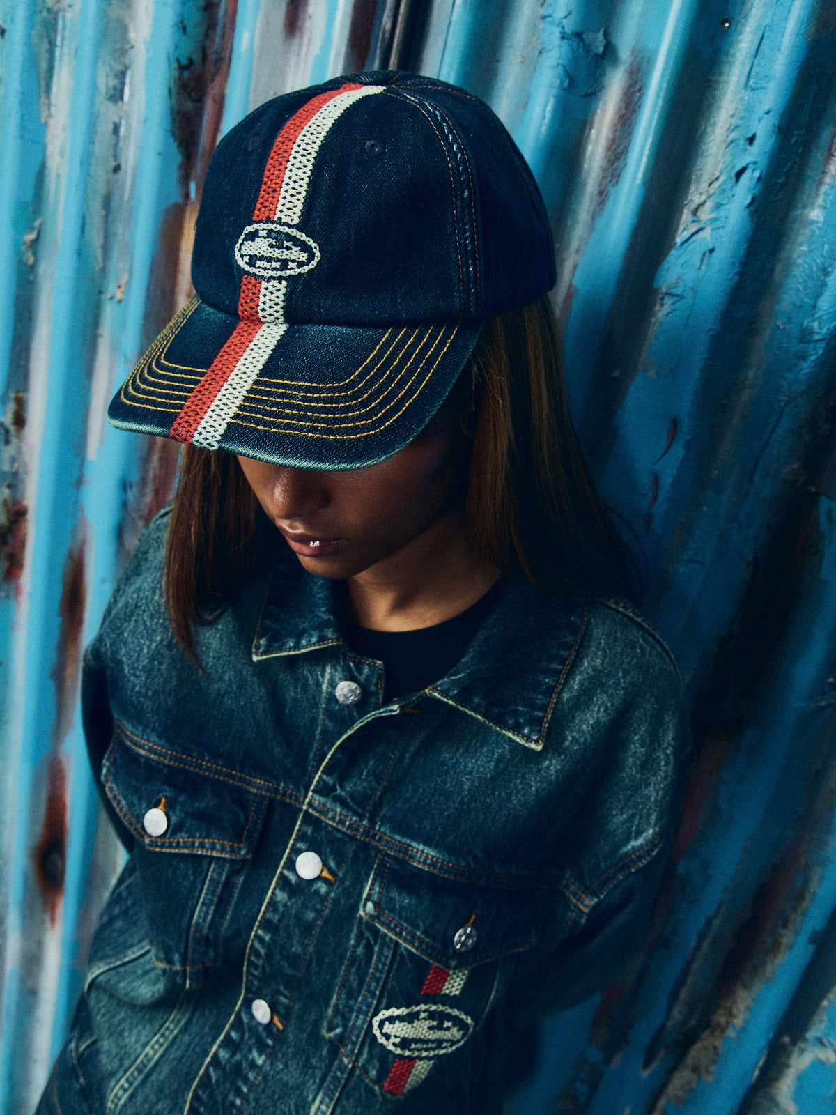 CROSS-STITCH DENIM CAP [WASHED INDIGO]