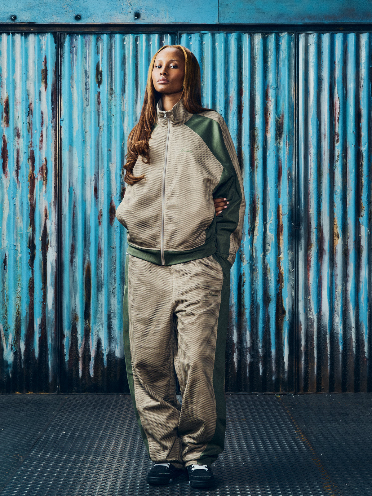 MESH PANEL TRICOT TRACK JACKET [TAN / OLIVE]