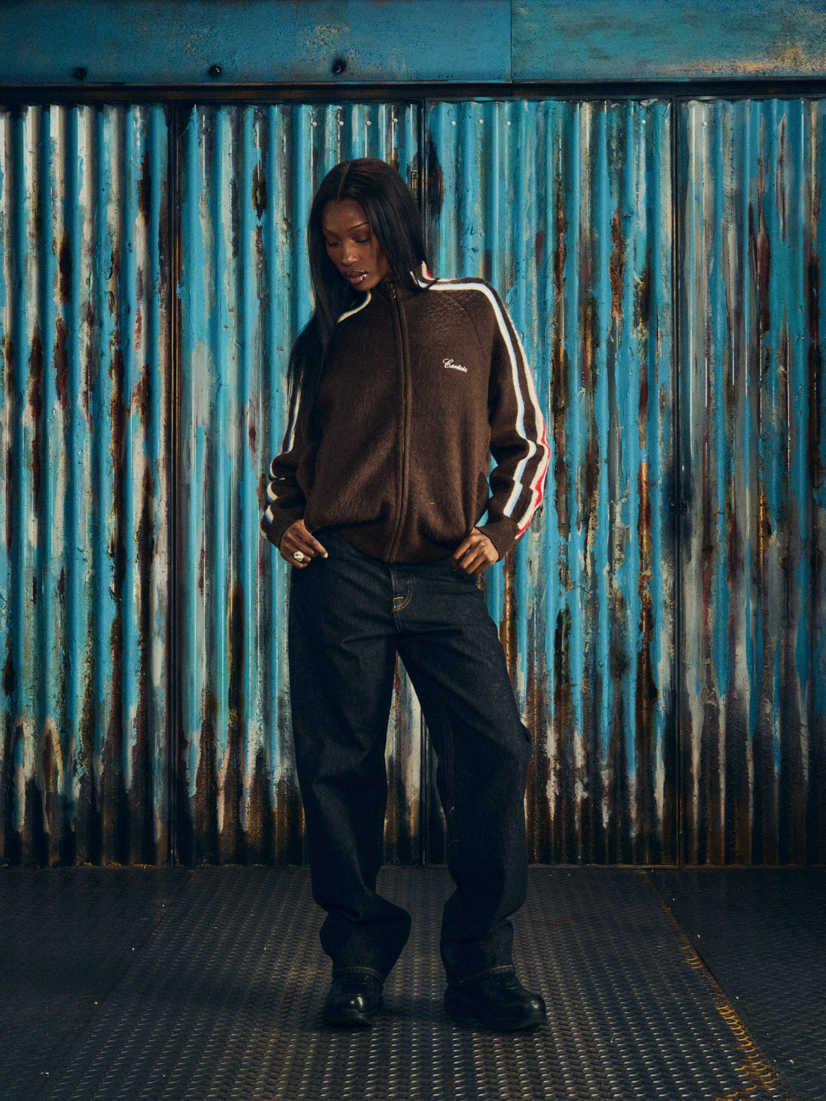 MULTI STRIPE KNIT ZIP UP [BROWN]